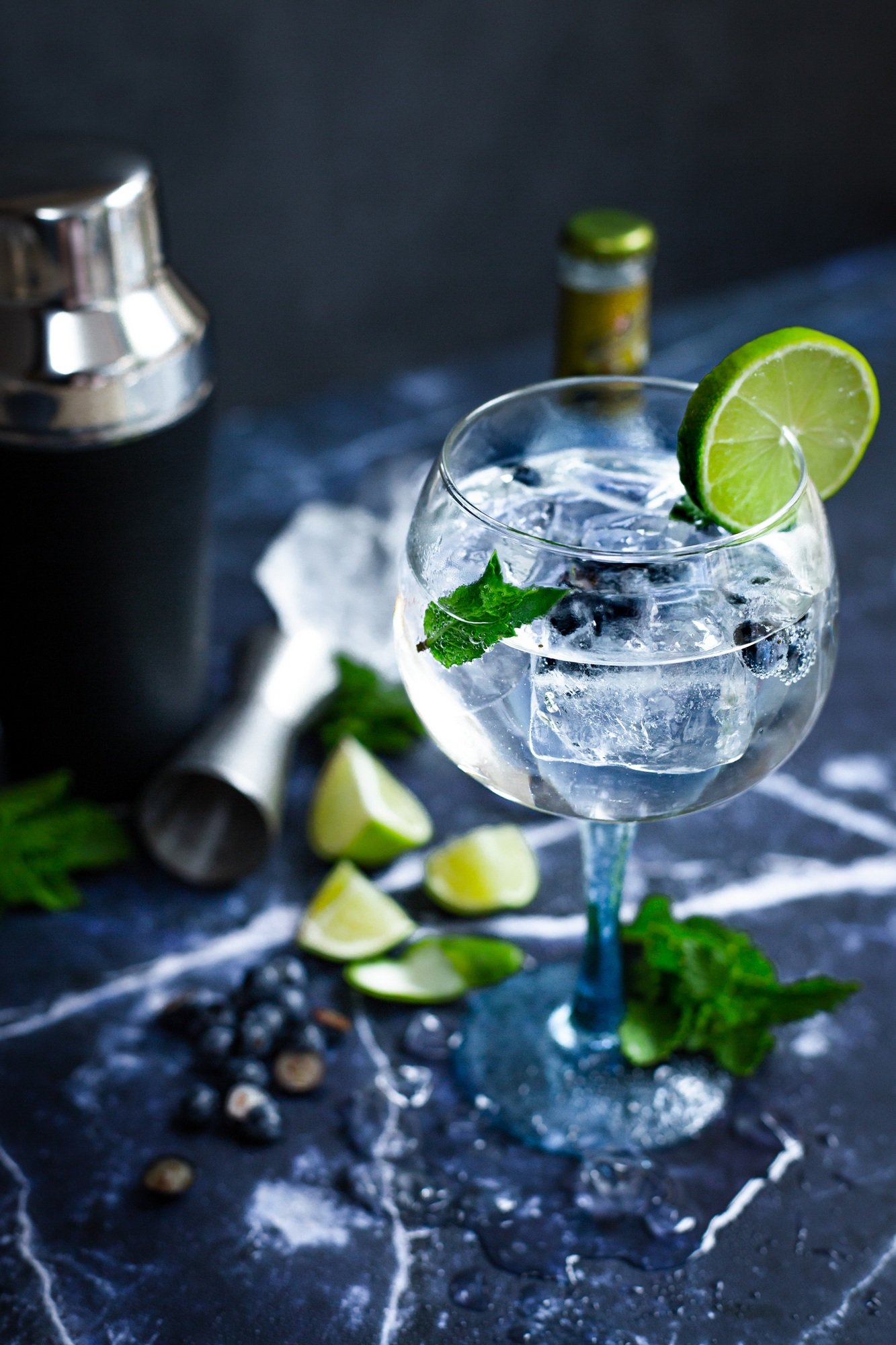 Glass of gin and tonic with mint, lime wedges and ice on a grey background